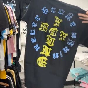 Black Graphic T-Shirt with Blue and Yellow Print